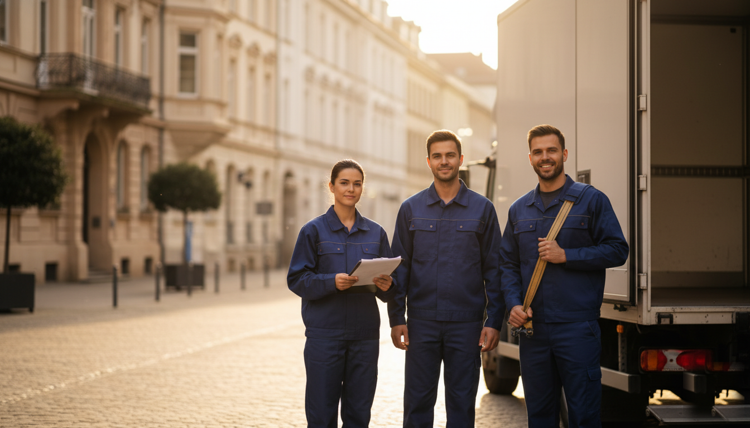Professionelles Umzugsteam vor ihrem Transporter