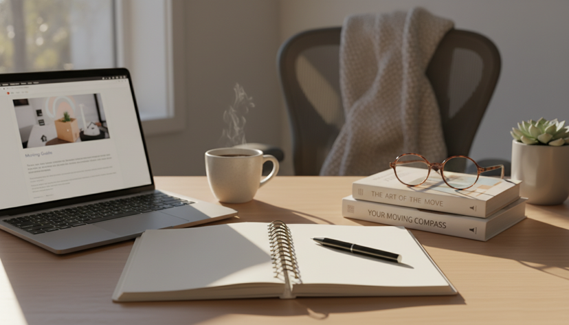 Gemütlicher Schreibtisch mit Laptop, Notizbuch und Kaffee