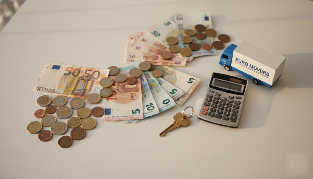 Euro-Geldscheine, Taschenrechner und Schlüssel — Umzugskosten im Überblick