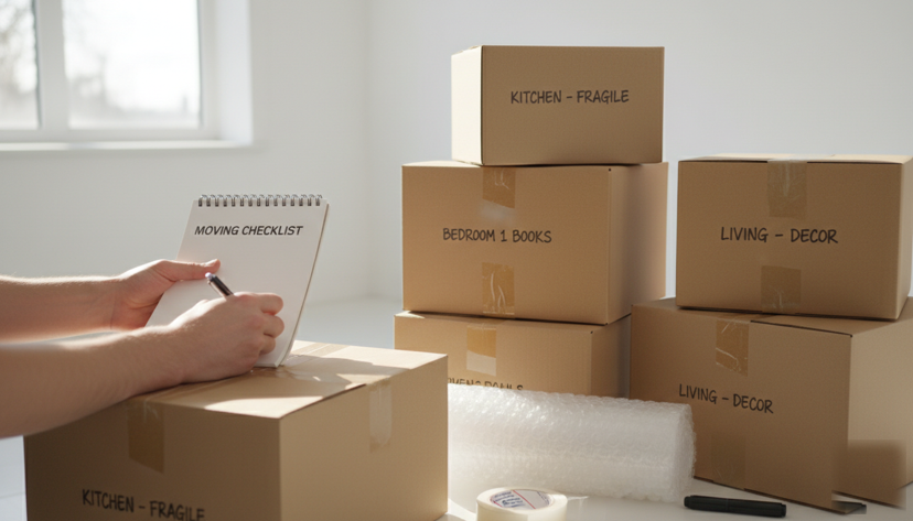 Organisierte Umzugsvorbereitung mit Notizblock und Kartons