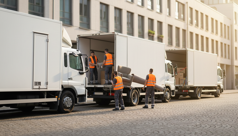 Professionelle Umzugsfirma mit LKW-Flotte auf einer deutschen Straße